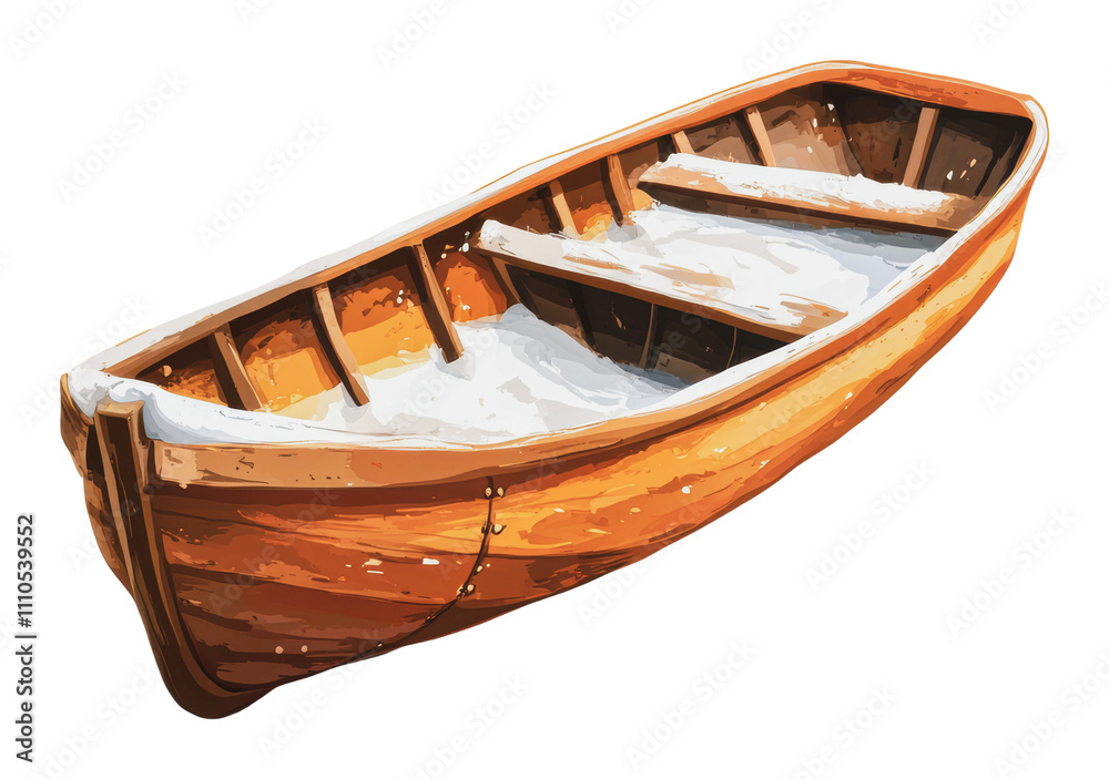 Wooden boat resting on a snowy surface in winter, cut out - stock png. Wooden boat resting on a snowy surface in winter, cut out - stock png.