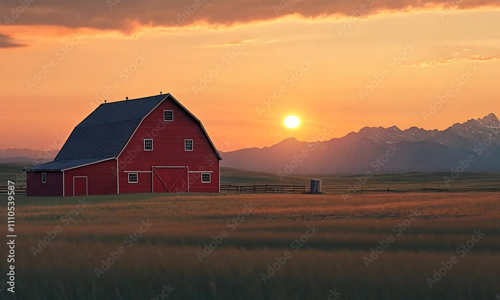 Red Barn at Sunset in a Mountainous Field Red Barn at Sunset in a Mountainous Field