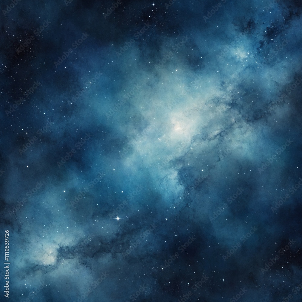 Obraz premium A dreamy blue watercolor space background featuring soft, fluid gradients and subtle star-like speckles, evoking the serenity and mystery of the cosmos. 