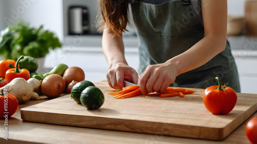 Closeup of young female hands chopping fresh vegetables on chopping board while in modern kitchen - preparing a healthy meal to boost immune system and fight off coronavirus stock photo photo