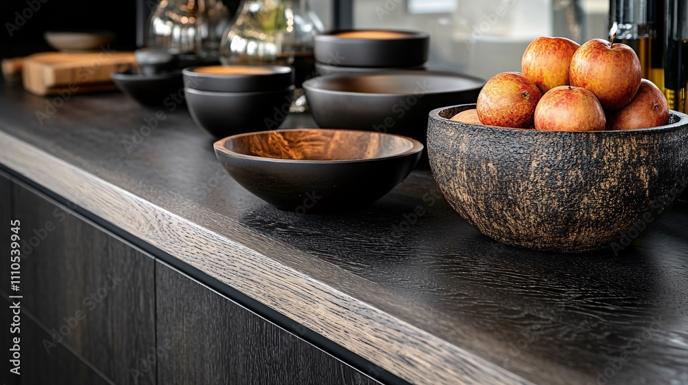 Close-Up of Black Oak Veneer Panel with Bowls and Apples Close-Up of Black Oak Veneer Panel with Bowls and Apples