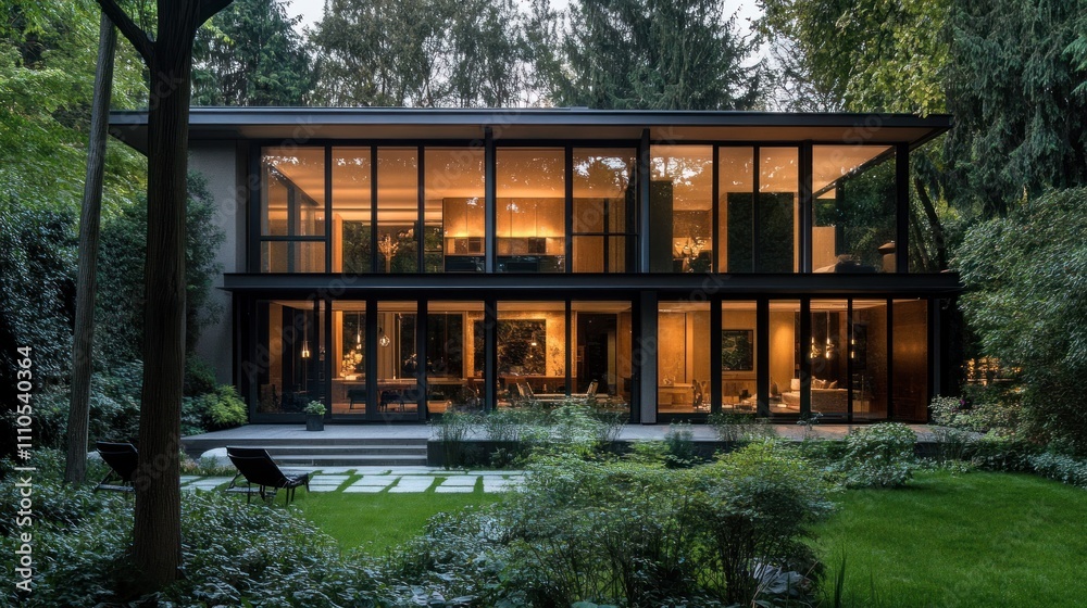 Obraz premium Modern glass house at dusk, nestled in lush greenery.
