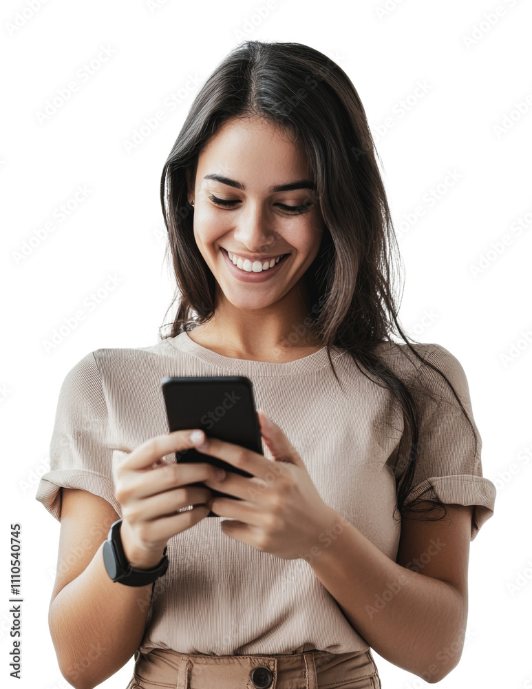 Young woman happily using smartphone indoors, cut out - stock png. Young woman happily using smartphone indoors, cut out - stock png.