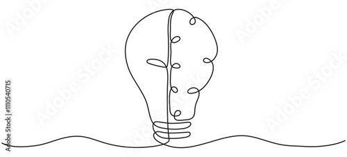 Half of light bulb and half of brain continuous line drawing. Insight and thinking symbol. Wisdom is power concept. Vector illustration isolated on white.