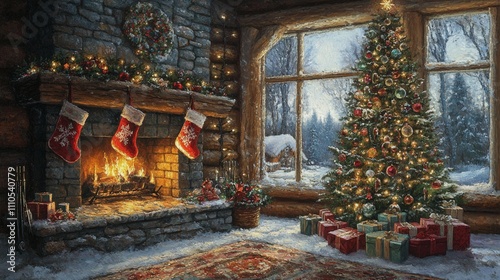 A cozy winter scene with a lit fireplace, stockings hanging from the mantel, and a Christmas tree adorned with ornaments and twinkling lights