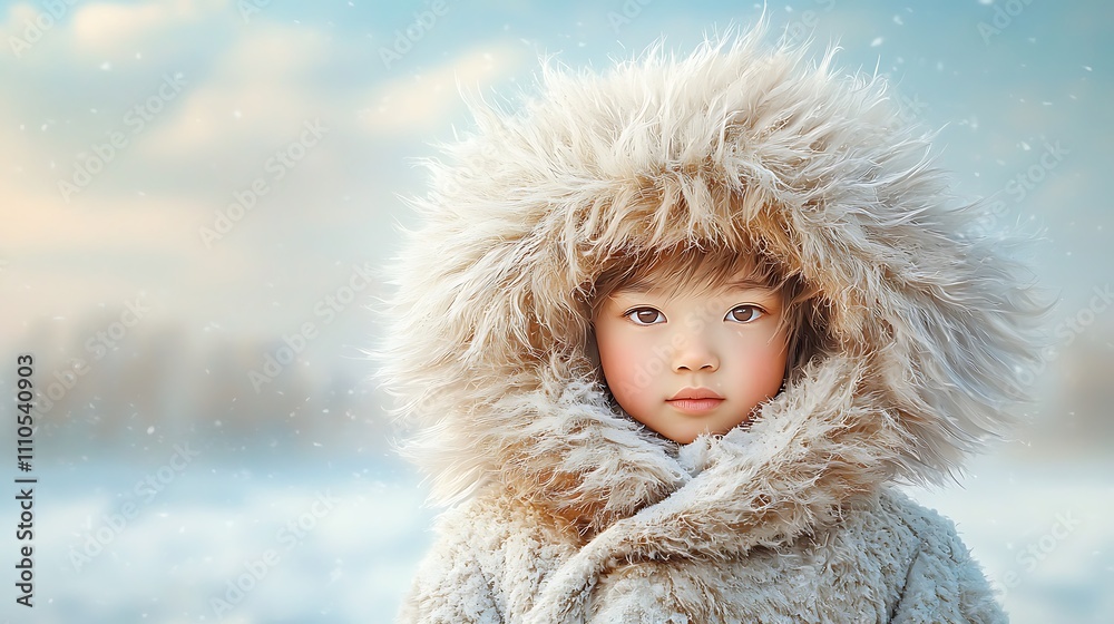 A digital painting of a child from Mongolia dressed in a thick, furry coat standing in a snowy landscape, created using advanced digital rendering techniques. A digital painting of a child from Mongolia dressed in a thick, furry coat standing in a snowy landscape, created using advanced digital rendering techniques.