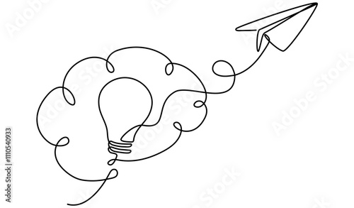 Brain with light bulb inside and flying paper plane. Creative business idea startup concept. Vector illustration isolated on white.