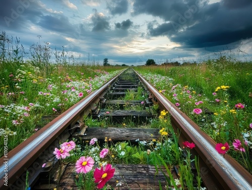 Human vs Nature Concept.  A tranquil scene of overgrown railway tracks surrounded by vibrant wildflowers under a dramatic sky. photo