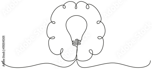 Light bulb inside human brain continuous line art drawing. Wisdom concept. Creative idea and insight symbol. Intellectual property sign. Vector illustration isolated on white.