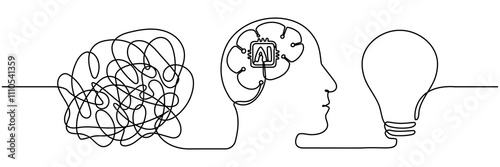 Artificial brain intelligence technology with chaos thoughts and light bulb continuous line drawn. Problem solving and creative idea concept. Brainstorming sign. Vector illustration isolated on white.