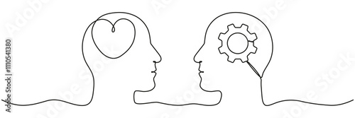 Continuous line drawing of human heads with heart and gear inside. Rational and emotional relationship concept. Vector illustration isolated on white.