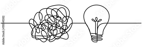 Chaotic lines with lightbulb continuous line drawing. Creative idea process. Mental health concept. Problem solving and idea search symbol. Vector illustration isolated on white.