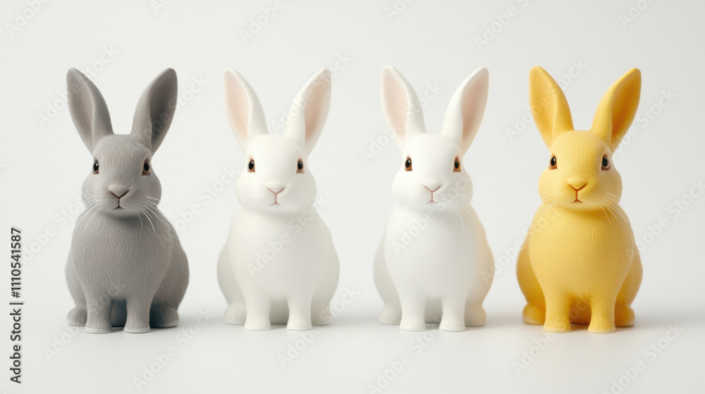 Fototapeta premium Diversity and unity, Four rabbits standing in row, featuring gray, white, and yellow rabbit, showcasing their adorable expressions and playful nature