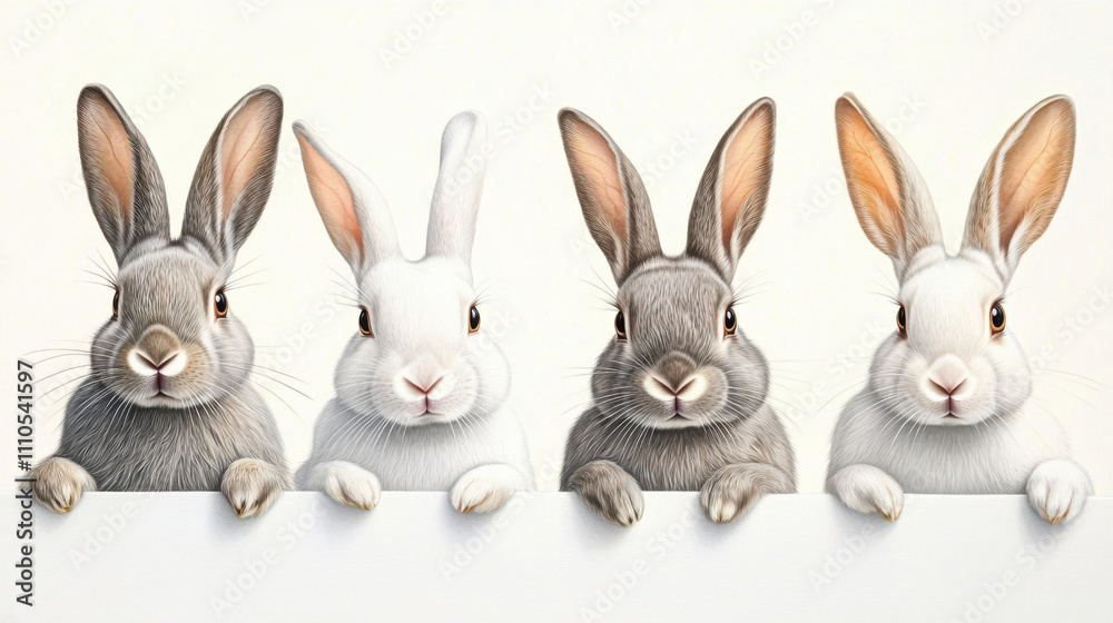 Diversity and unity, Four rabbits standing in row, featuring three white rabbits and one gray rabbit, showcasing their distinct fur patterns and expressions Diversity and unity, Four rabbits standing in row, featuring three white rabbits and one gray rabbit, showcasing their distinct fur patterns and expressions