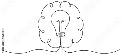 Light bulb inside human brain continuous line art drawing. Wisdom concept. Creative idea and insight symbol. Intellectual property sign. Vector illustration isolated on white.