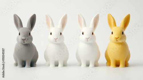 Diversity and unity, Four rabbits standing in row, featuring gray, white, and yellow rabbit, showcasing their adorable expressions and playful nature