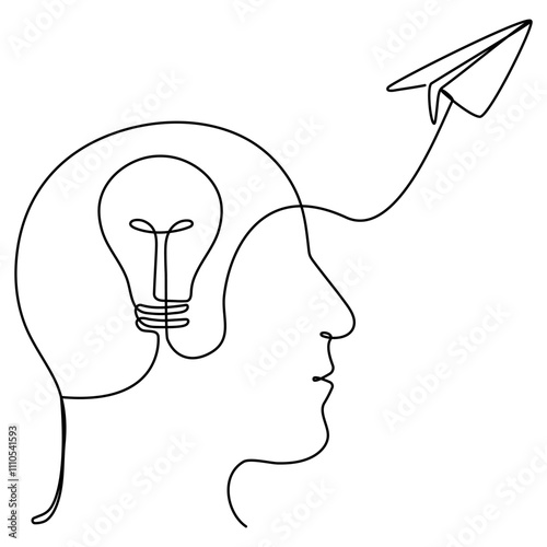Head with light bulb inside and flying paper plane. Creative idea process. Business startup concept. Vector illustration isolated on white.