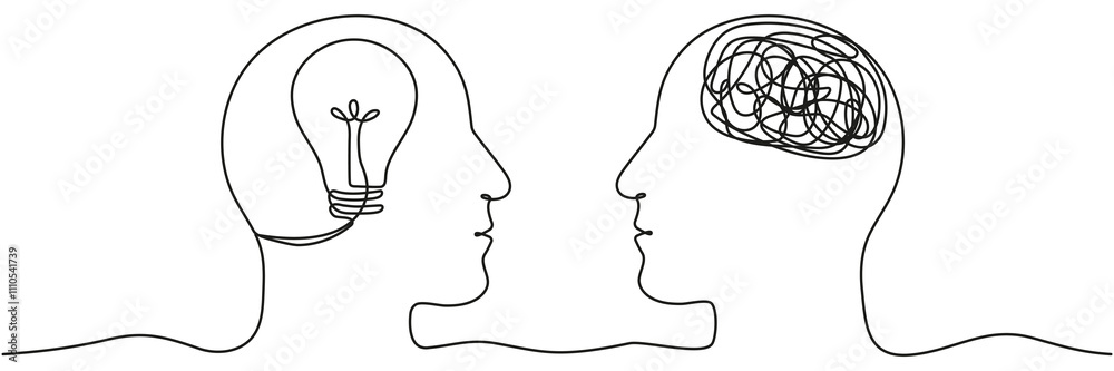 Human heads with light bulb and confused thoughts continuous line drawing. Mental health linear concept. Problem solution symbol. Creative idea process. Vector illustration isolated on white.