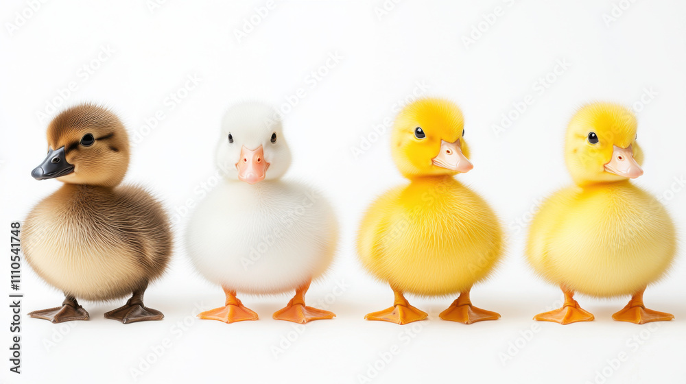 Diversity and unity, Fluffy ducklings in lineup, featuring three bright yellow and one brown duckling, showcasing their adorable and playful nature Diversity and unity, Fluffy ducklings in lineup, featuring three bright yellow and one brown duckling, showcasing their adorable and playful nature