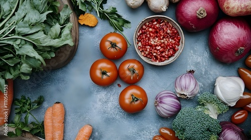 Assortment of Fresh Seasonal Produce on Minimalist Grey Background