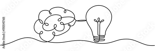 Light bulb connect with human brain continuous line art drawing. Wisdom concept. Creative idea and insight symbol. Intellectual property sign. Vector illustration isolated on white.