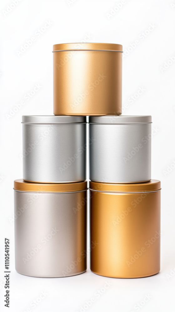 Diversity and unity, stack of five cylindrical candle jars in silver and gold colors, showcasing modern and elegant design. Perfect for home decor or gifting Diversity and unity, stack of five cylindrical candle jars in silver and gold colors, showcasing modern and elegant design. Perfect for home decor or gifting