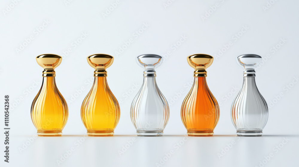 Diversity and unity, Elegant perfume bottles in row, showcasing various colors and designs. collection features gold and clear glass, perfect for any fragrance display Diversity and unity, Elegant perfume bottles in row, showcasing various colors and designs. collection features gold and clear glass, perfect for any fragrance display