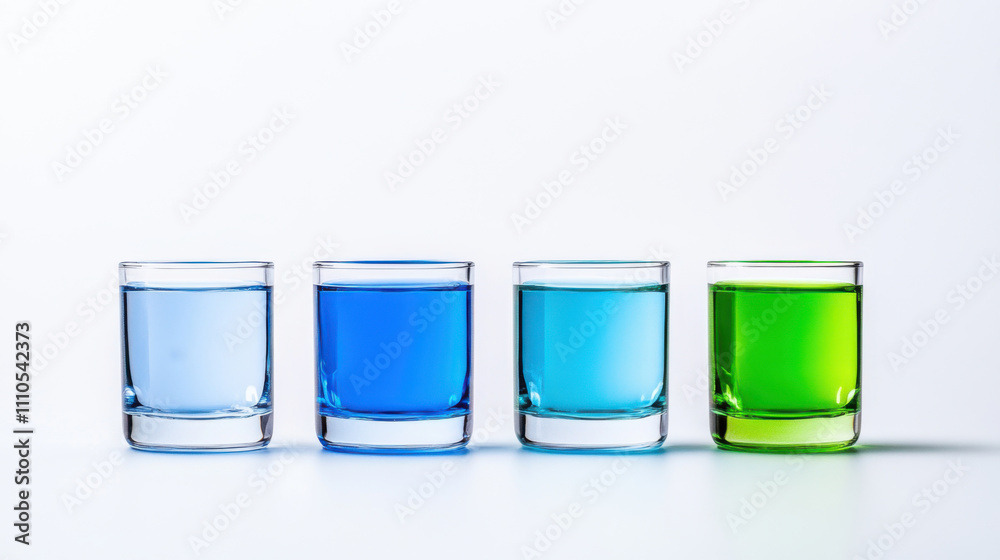 Diversity and unity, Four glasses filled with water in varying shades of blue and green create vibrant display. colors blend beautifully, showcasing refreshing and lively atmosphere Diversity and unity, Four glasses filled with water in varying shades of blue and green create vibrant display. colors blend beautifully, showcasing refreshing and lively atmosphere