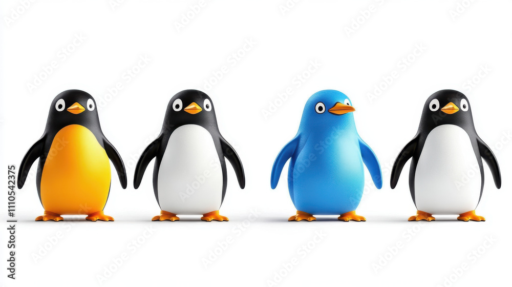 Obraz premium Diversity and unity, Four colorful penguins standing in row, showcasing mix of black, white, and blue colors, creating playful and cheerful atmosphere