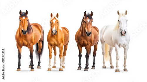 Diversity and unity, Four horses standing in line, three brown horses and one white horse, showcasing their unique features and colors in striking display