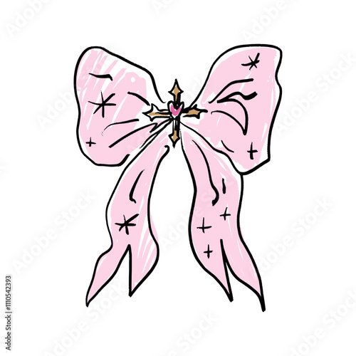 Coquette pastel pink pretty charming vector clip-art Illustration, cute doodle hair accessories isolated decor, boho flat girl bow accessory. Ribbon isolated hand-drawn art. Trendy girly fancy concept
