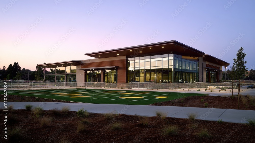 Modern Sports Facility with Contemporary Architecture Surrounded by Green Landscape and a Clear Sky at Sunset, Perfect for Community Events and Athletic Activities Modern Sports Facility with Contemporary Architecture Surrounded by Green Landscape and a Clear Sky at Sunset, Perfect for Community Events and Athletic Activities