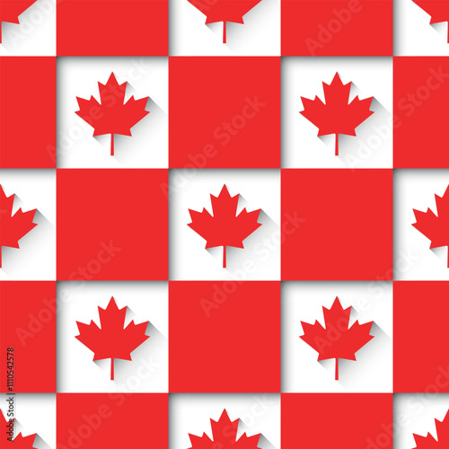 Canadian paper cut vector seamless pattern. Maple leaves on chess background in red and white colors. Best for textile, wallpapers, decoration, wrapping paper, package and web design.