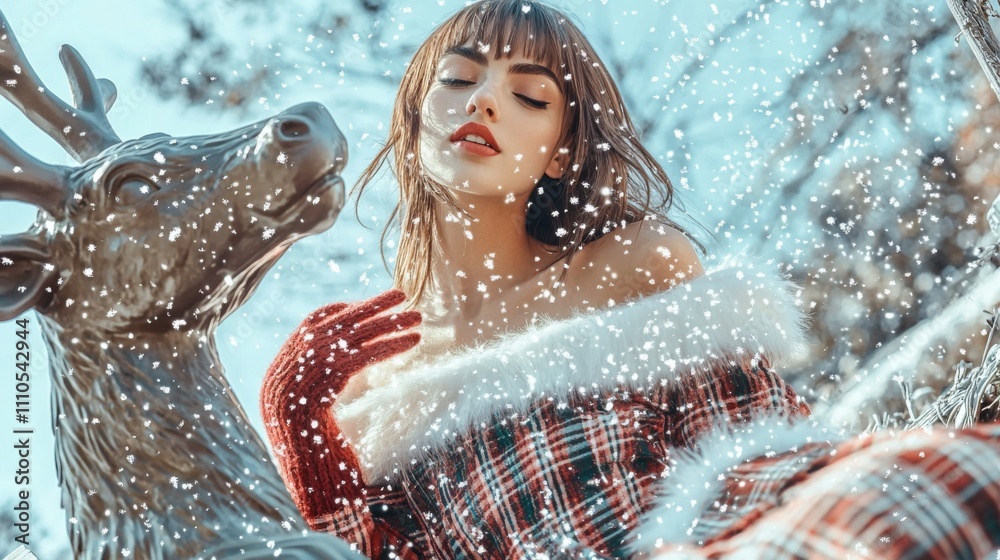 Female fashion model, in festive outfit, posing on holiday sleigh set. Brunette, bold red lips. Whimsical. Winter atmosphere. Cosmetics, Fashion editorial style.