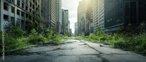 Human vs Nature Concept.  A desolate urban landscape overrun by nature, featuring overgrown vegetation and abandoned buildings, illuminated by soft, natural light.