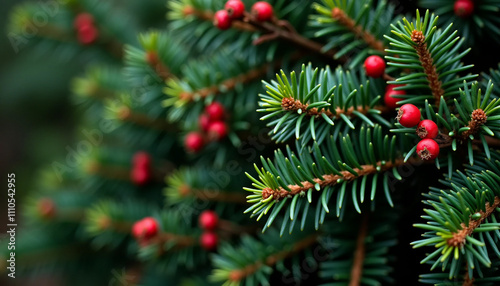 Pine branch texture background with green needles and red berries