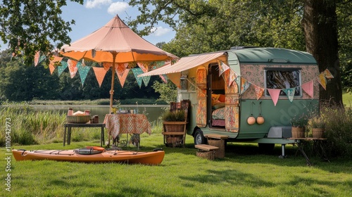 Cozy Vintage Caravan at a Scenic Lakeside with Kayak, Colorful Bunting, Table Setup, and Relaxing Outdoor Atmosphere on a Bright Sunny Day