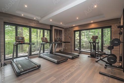 Treadmills and exercise bikes facing forest view in modern gym photo