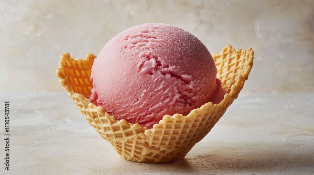 artisanal pink ice cream sphere, crispy sugar cone, detailed wafer pattern, creamy texture, professional food styling, pale neutral background, commercial photography, subtle depth, macro details artisanal pink ice cream sphere, crispy sugar cone, detailed wafer pattern, creamy texture, professional food styling, pale neutral background, commercial photography, subtle depth, macro details