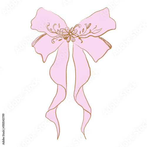 Coquette pastel pink bow pretty charming vector clip-art Illustration, cute doodle hair accessories decor, boho flat girl accessory. Ribbon isolated hand-drawn art. Trendy girly fancy concept. Holiday