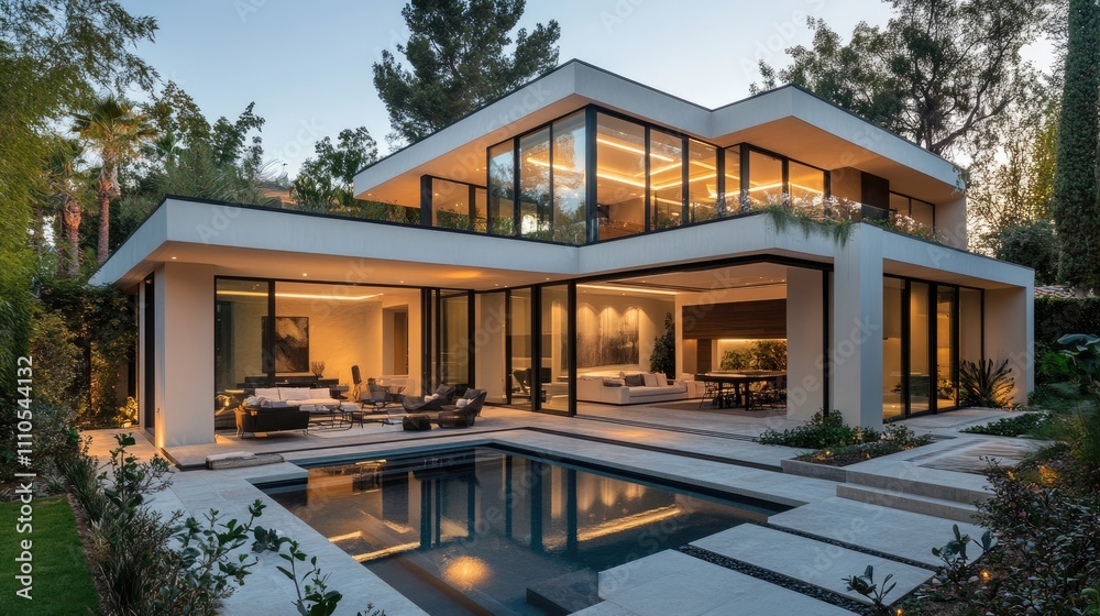 Fototapeta premium Modern luxury home exterior with illuminated pool at dusk