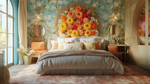 bedroom interior with beautiful chrysanthemum flowers
