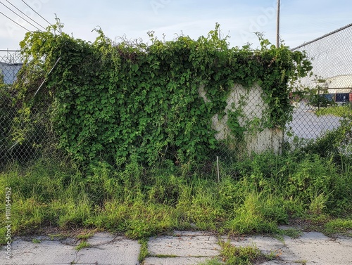 Human vs Nature Concept.  A dense wall of green vines covers a concrete structure, surrounded by overgrown grass and a chain-link fence in an industrial area. photo