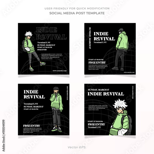 Premium Collection set Social Media Post Template for Music Event indie revival Streetwear with hand drawn character Simple mint green on black background vector 