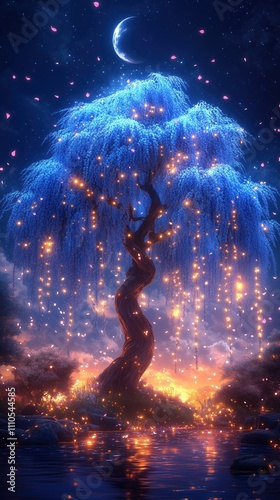 night, moon, starry sky Beautiful blue-violet willow with glowing lights. Blue glowing lights in the background. photo