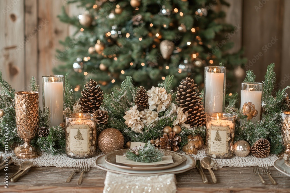 Christmas table setting decorated with candles, pine cones, and greenery in front of christmas tree Christmas table setting decorated with candles, pine cones, and greenery in front of christmas tree