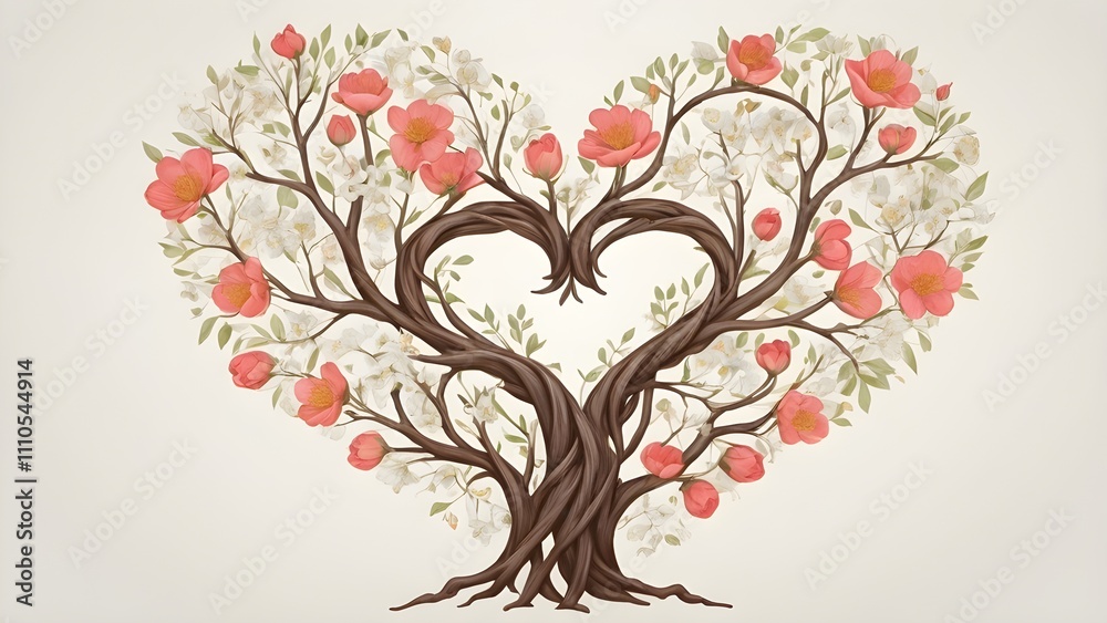Obraz premium A heart made of intertwined branches with blooming flowers