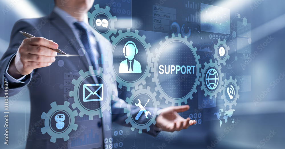 Support button on virtual screen. Customer service and communication concept. Support button on virtual screen. Customer service and communication concept.