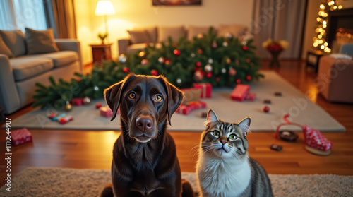 Dog and Cat Pose Innocently in Wrecked Living Room After Holiday Antics