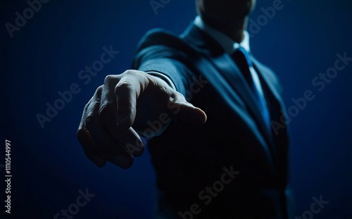 A close-up of a businessman in a suit, reaching out to the viewer. The businessman's hand symbolizes leadership, connection, and decision-making. The picture is set against a dark background.